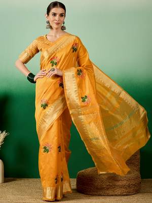 Riva Enterprise Women'S Assam Cotton Silk With Golden Border And Multicolor Thread Embroidered Saree 3