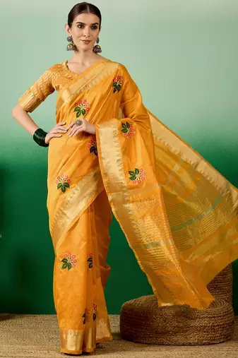 Riva Enterprise Women'S Assam Cotton Silk With Golden Border And Multicolor Thread Embroidered Saree