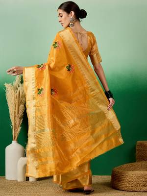 Riva Enterprise Women'S Assam Cotton Silk With Golden Border And Multicolor Thread Embroidered Saree 4