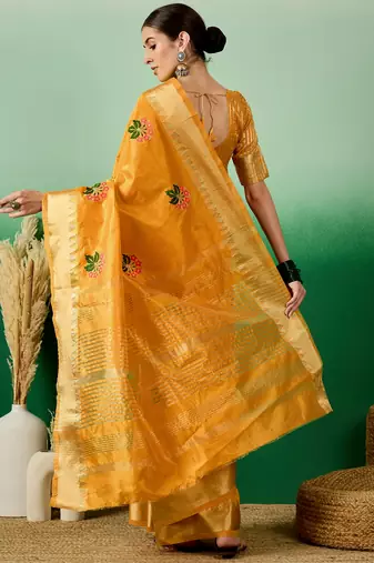 Riva Enterprise Women'S Assam Cotton Silk With Golden Border And Multicolor Thread Embroidered Saree