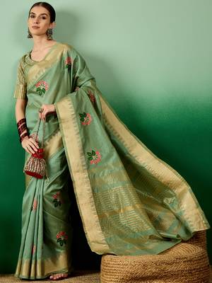 Riva Enterprise Women'S Assam Cotton Silk With Golden Border And Multicolor Thread Embroidered Saree 1