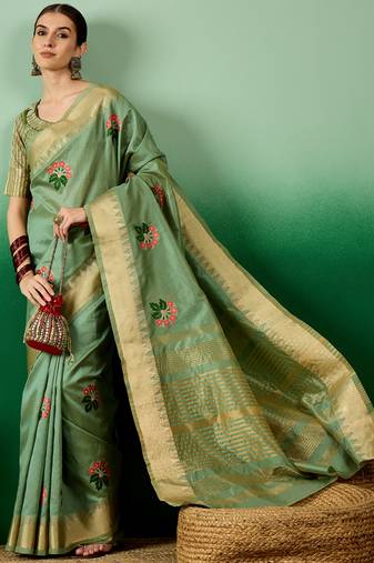 Riva Enterprise Women'S Assam Cotton Silk With Golden Border And Multicolor Thread Embroidered Saree