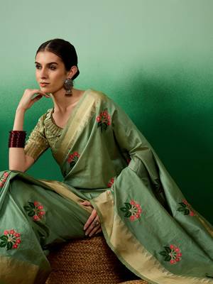 Riva Enterprise Women'S Assam Cotton Silk With Golden Border And Multicolor Thread Embroidered Saree 2