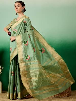 Riva Enterprise Women'S Assam Cotton Silk With Golden Border And Multicolor Thread Embroidered Saree 3