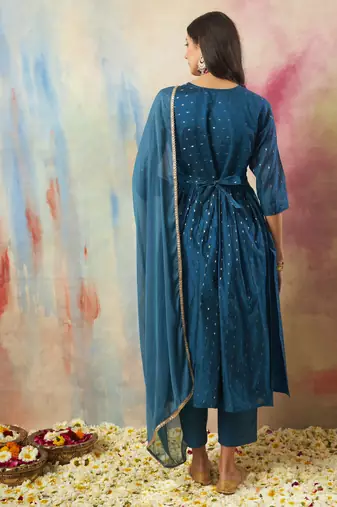  women flared kurta and trousers pant set cotton silk blend