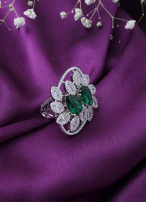 American Diamond Silver Ring With Green Stone 2