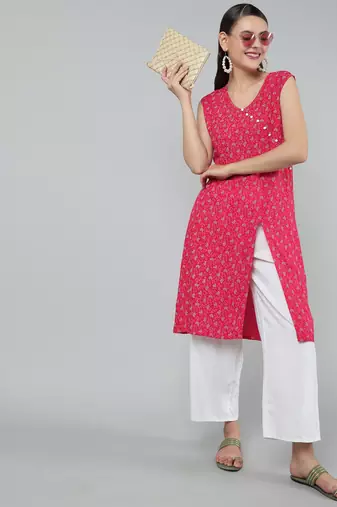 Anushil stylish and comfortable cotton kurti- allover printed v-neck design