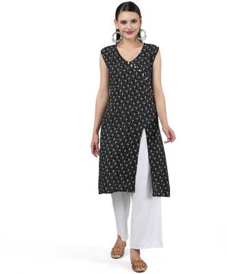 Anushil stylish and comfortable cotton kurti- allover printed v-neck design with side slit 1