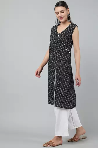 Anushil stylish and comfortable cotton kurti- allover printed v-neck design with side slit
