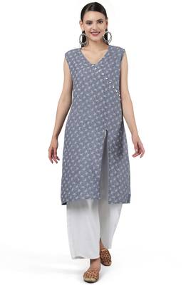 Anushil stylish and comfortable cotton kurti- allover printed v-neck design with side slit 1