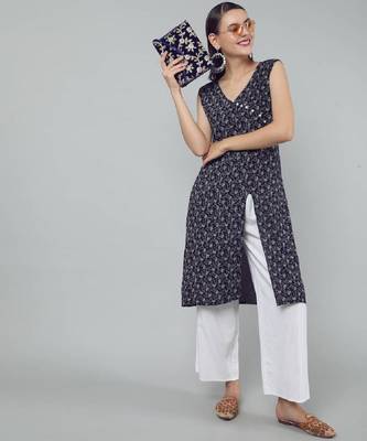 Anushil stylish and comfortable cotton kurti- allover printed v-neck design with side slit 1