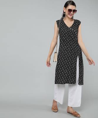 Anushil stylish and comfortable cotton kurti- allover printed v-neck design with side slit 5