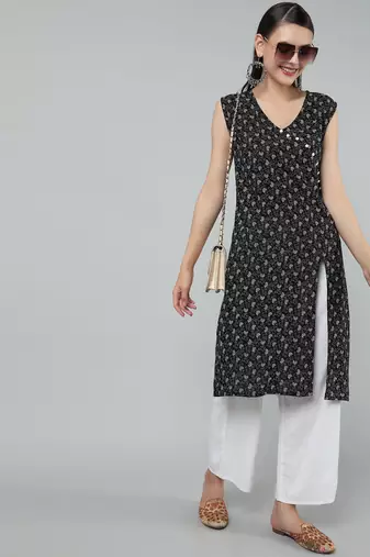 Anushil stylish and comfortable cotton kurti- allover printed v-neck design with side slit