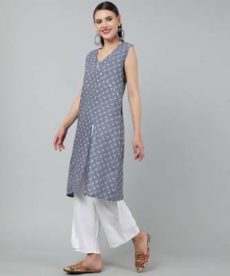 Anushil stylish and comfortable cotton kurti- allover printed v-neck design with side slit 3