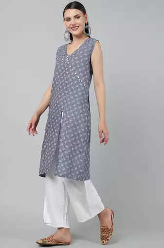 Anushil stylish and comfortable cotton kurti- allover printed v-neck design with side slit