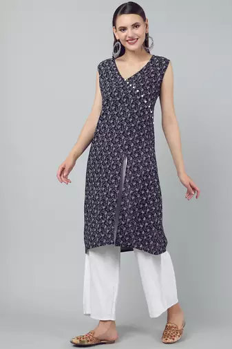 Anushil stylish and comfortable cotton kurti- allover printed v-neck design with side slit