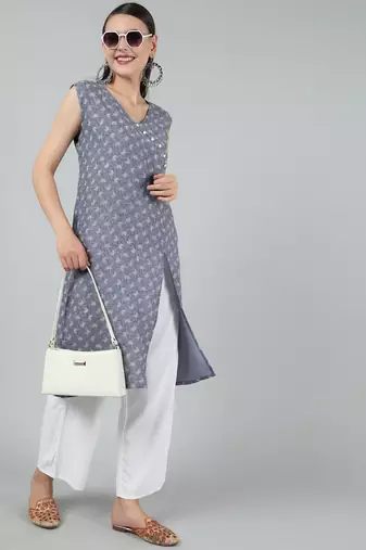 Anushil stylish and comfortable cotton kurti- allover printed v-neck design with side slit