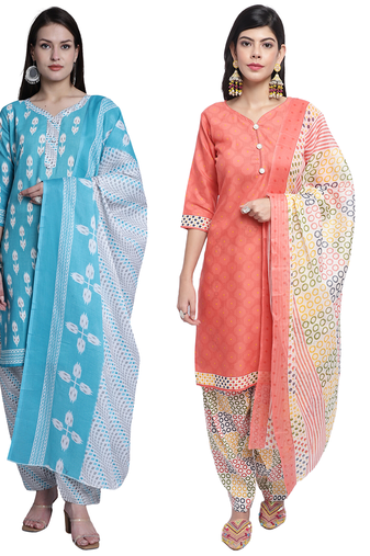 women multicolor cotton printed ready to wear patiala salwar suit combo pack of 2