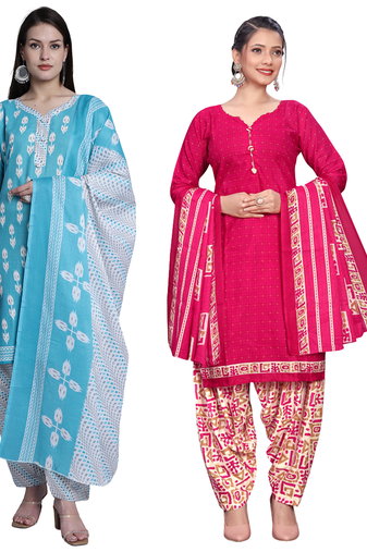 women multicolor cotton printed ready to wear patiala salwar suit combo pack of 2