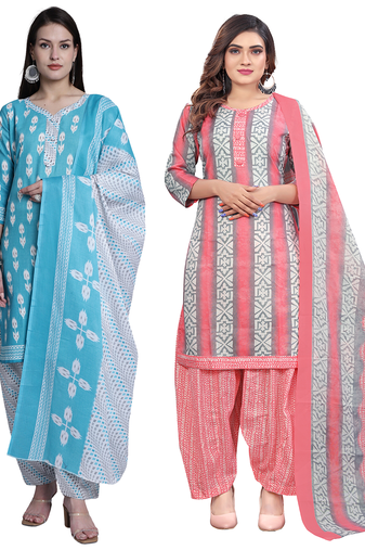 women multicolor cotton printed ready to wear patiala salwar suit combo pack of 2