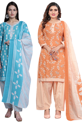 women multicolor cotton printed ready to wear patiala salwar suit combo pack of 2