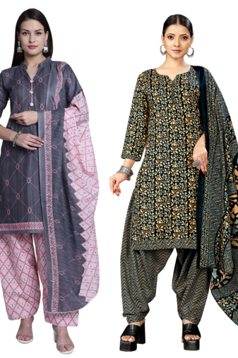women multicolor cotton printed ready to wear patiala salwar suit combo pack of 2