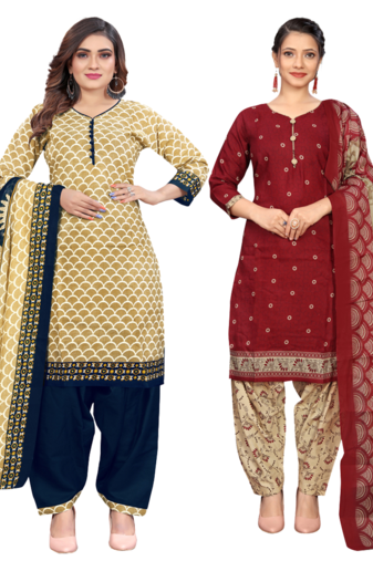 women multicolor cotton printed ready to wear patiala salwar suit combo pack of 2