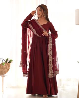 Roman silk Chanderi Fabric Fully Flair Gown, With Duppta And Pent  3