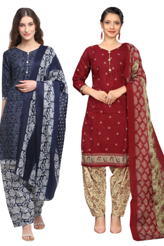 women multicolor cotton printed ready to wear patiala salwar suit combo pack of 2