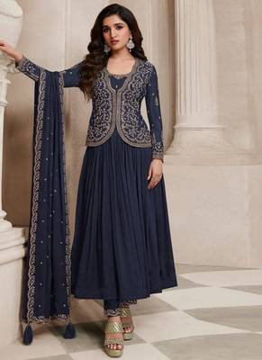 Navy-blue embroidery chinnon party wear salwar suit 1