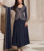 Navy-blue embroidery chinnon party wear salwar suit