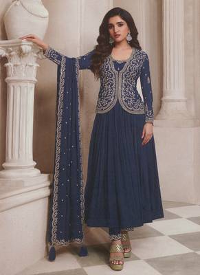 Navy-blue embroidery chinnon party wear salwar suit 2