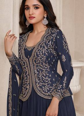 Navy-blue embroidery chinnon party wear salwar suit 3