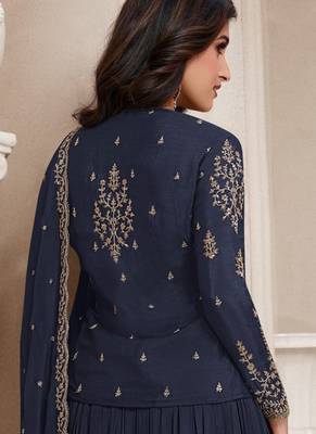 Navy-blue embroidery chinnon party wear salwar suit 4
