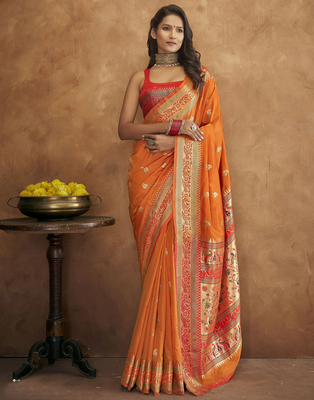 Orange Paithani Silk Saree With Zari Woven Work 1