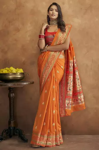 Orange Paithani Silk Saree With Zari Woven Work