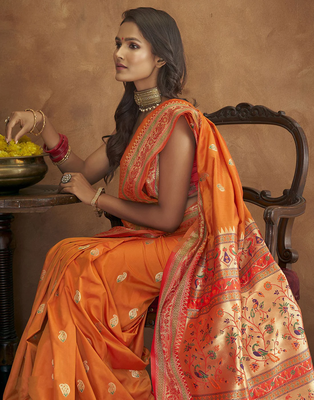 Orange Paithani Silk Saree With Zari Woven Work 3