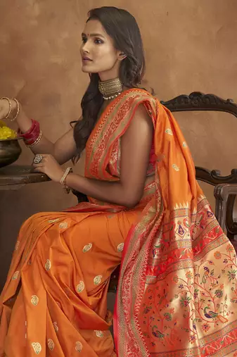 Orange Paithani Silk Saree With Zari Woven Work
