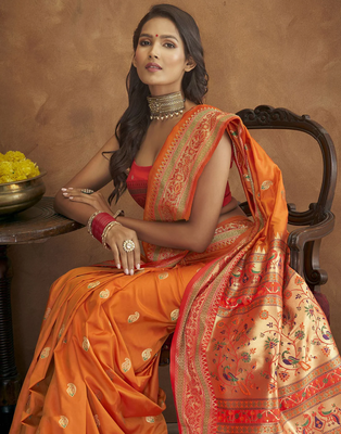 Orange Paithani Silk Saree With Zari Woven Work 4