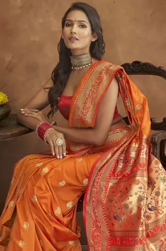 Orange Paithani Silk Saree With Zari Woven Work