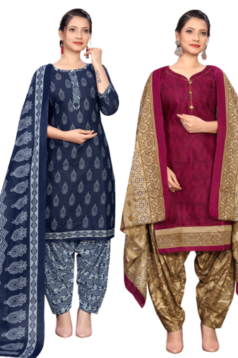 women multicolor cotton printed ready to wear patiala salwar suit combo pack of 2