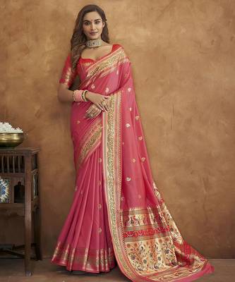 Pink Soft Paithani Silk Blend Saree With Gold Zari Weaving Motifs With Matching Blouse Fabric 1