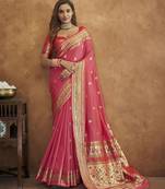 Pink Soft Paithani Silk Blend Saree With Gold Zari Weaving Motifs With Matching Blouse Fabric