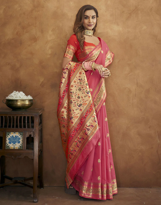 Pink Soft Paithani Silk Blend Saree With Gold Zari Weaving Motifs With Matching Blouse Fabric 2