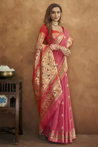 Pink Soft Paithani Silk Blend Saree With Gold Zari Weaving Motifs With Matching Blouse Fabric