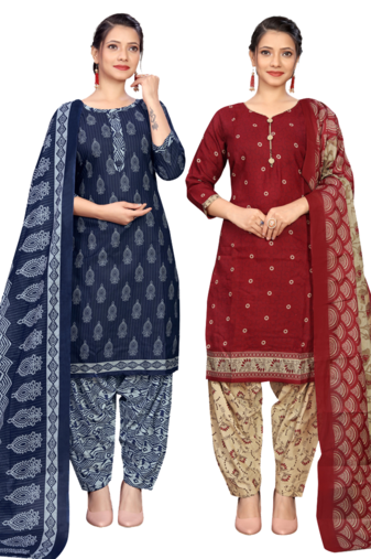 women multicolor cotton printed ready to wear patiala salwar suit combo pack of 2