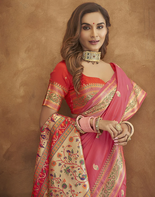 Pink Soft Paithani Silk Blend Saree With Gold Zari Weaving Motifs With Matching Blouse Fabric 3