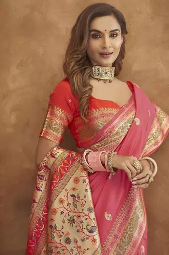 Pink Soft Paithani Silk Blend Saree With Gold Zari Weaving Motifs With Matching Blouse Fabric