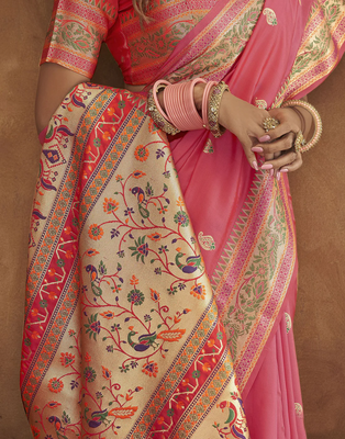 Pink Soft Paithani Silk Blend Saree With Gold Zari Weaving Motifs With Matching Blouse Fabric 4