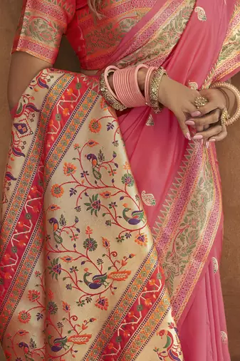 Pink Soft Paithani Silk Blend Saree With Gold Zari Weaving Motifs With Matching Blouse Fabric